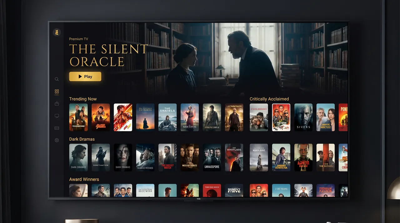 ExYu IPTV video-on-demand interface, browsable from any device in the house, with hundreds of movie and series posters in an elegant dark menu